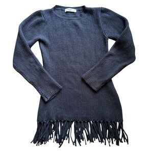 Bailey Ribbed Navy Knit Fringe Sweater Cotton Long Sleeve Boho Fringe Pullover